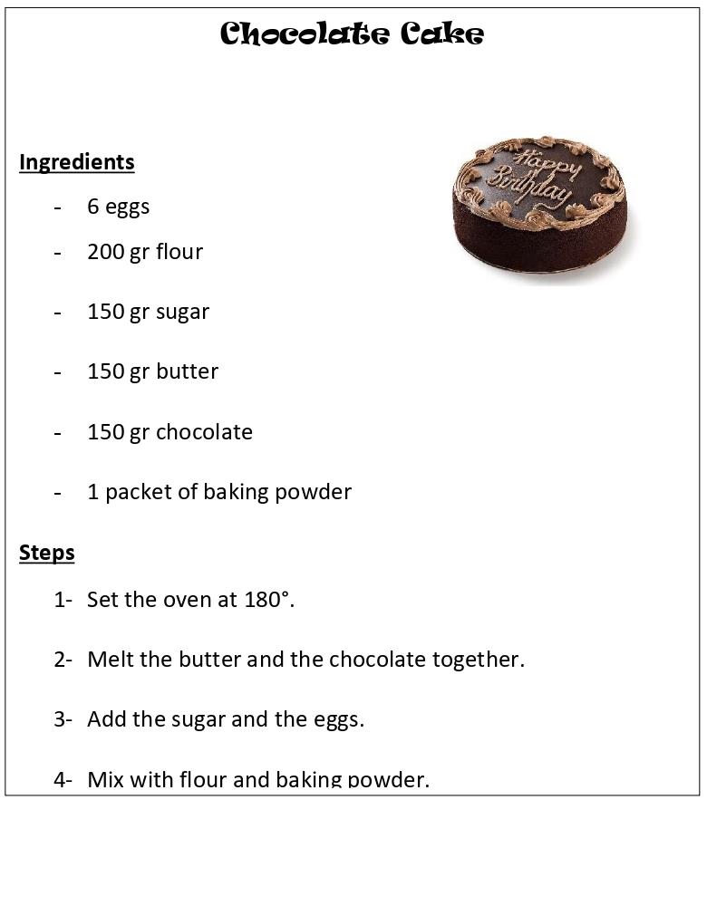 Fiche de recette : Chocolate Cake avec la liste des ingrédients (6 eggs, 200 gr flour, 150 gr sugar, 150 gr butter, 150 gr chocolate, 1 packet of baking powder) et les étapes de préparation